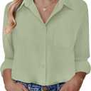 HOTOUCH Button Down Shirt for Women Basic Work Office Drop Shoulder Blouse Casual Loose Long Sleeve Tops with Pocket (Medium, Light Green)