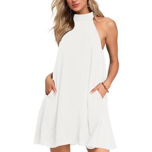 AUSELILY Womens Summer Dress Sleeveless Halter Neck Beach Dress Casual Sundresses with Pockets (White)