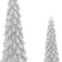 Christmas Trees Mini Resin Set of 2, Tabletop Christmas Figurines for Indoor Decor, Small Silver Xmas Trees for Mantle, Shelf, Centerpieces