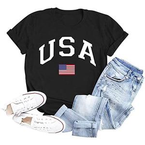 Women Distressed American Flag Graphic Shirt USA Stars Stripes Patriotic Short Sleeve Top, Size Medium