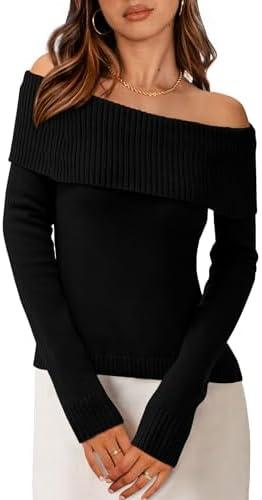 PRETTYGARDEN Off The Shoulder Sweater for Women 2025 Fall Fashion Cute Long Sleeve Tops Winter Ribbed Pullover Knit Outfits XL, Black