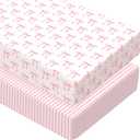 Peryiter 2 Pack Crib Sheets for Girls Boys Coquette Bed Sheet Set Fitted 52'' x 28" for Standard Crib Mattress Stretchable Soft Toddler Aesthetic Nursery Decor(Bow,Pink)