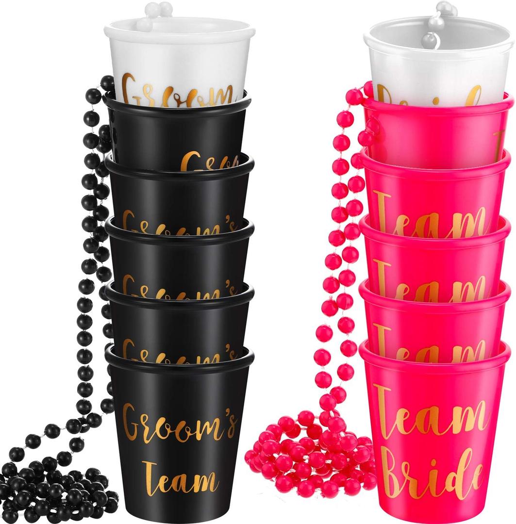 Maitys 8 Pcs Team Bride Groom Bachelorette Shot Glass Necklace with Plastic Beads Chain Gold Foil Bridesmaid Gifts for Wedding Bachelorette Party Bachelor Bridal Shower Decorations(Stylish)