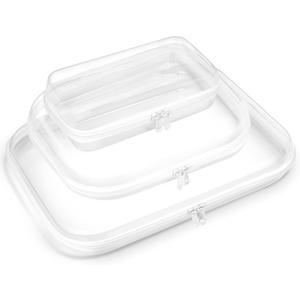 3PCS Clear Hard Plastic Zipper Case, Double Zippers Hard Pouch, Portable Travel Organizer Bin Clear Makeup Bag for Toy Storage, Snack Bag, Cosmetics, Pencil Case, Diaper Bag, Toiletry Bag (3PCS-L)