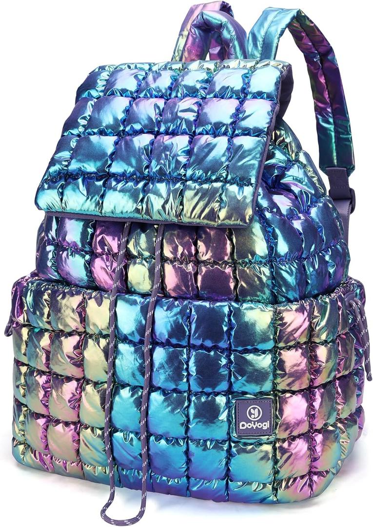 Quilted Backpack for Women, Lightweight Travel Gym Bag, Hiker Pack Drawstring Padding Backpacks, Puffer Travel Bag for Casual Daypack (Dazzling Purple)