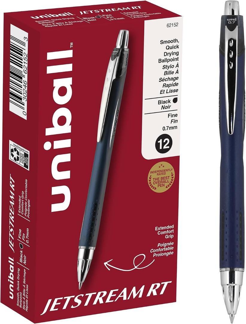 uniball Jetstream RT Ballpoint Pens, Fine Point (0.7mm), Black, 12 Pack