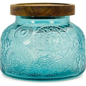 Decorative Blue Glass Jar with Airtight Wooden Lid 25.4 oz, Wide Mouth Vintage Kitchen Food Storage Container for Cookie Candy Honey Flour Spice Coffee Tea, Home Decor Sand Candle Holder Vase, Blue Flower 