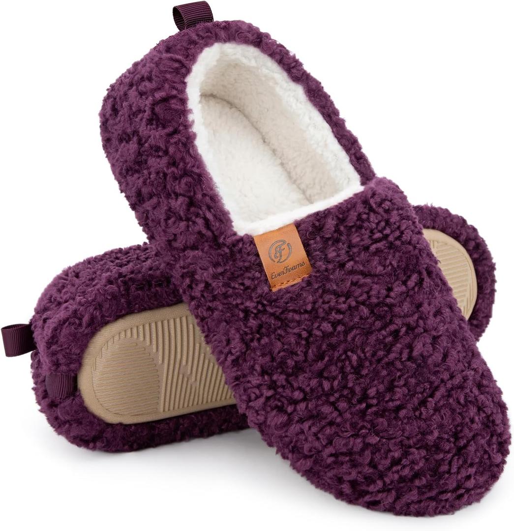 EverFoams Womens Soft Curly Full Slippers Memory Foam Lightweight House Shoes Cozy Loafer with Polar Fleece Lining (7-8, Dark Aubergine)