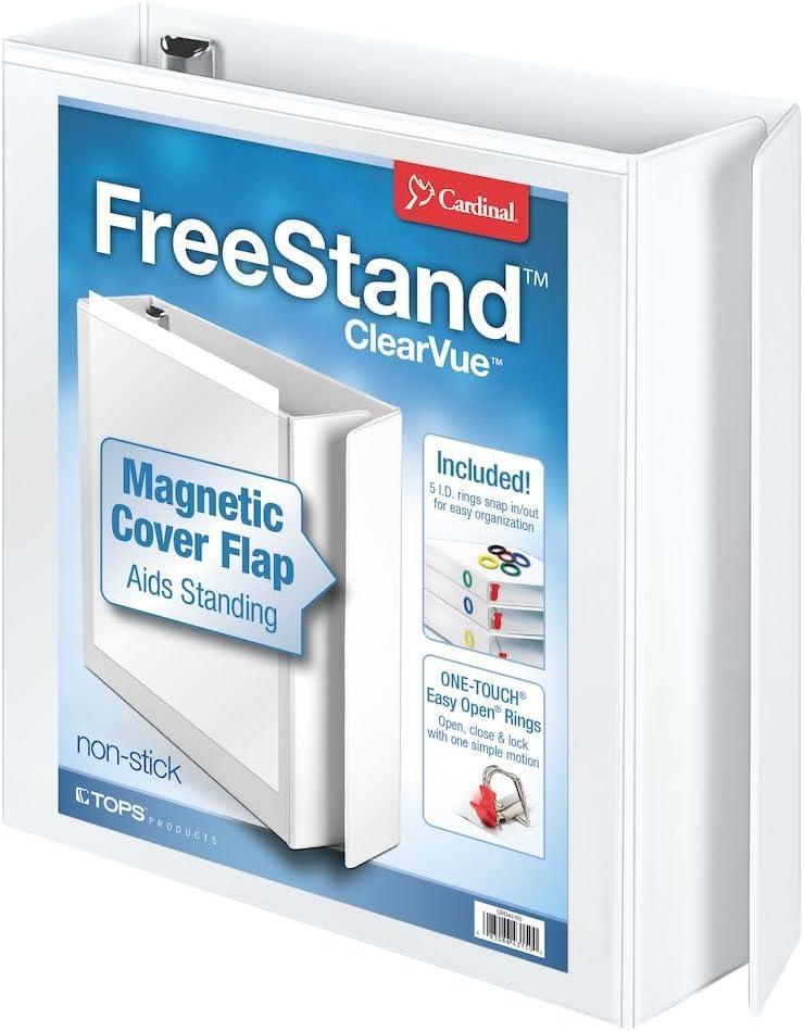 Cardinal FreeStand Easy Open Binder, Locking Slant-D Rings, 2", 565-Sheet Capacity, Magnetic Flap Cover w/ Shelf Pull and 5 Color-Coded Rings, White (43120)