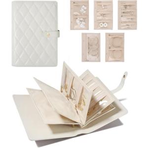Travel Jewelry Organizer Case, Jewelry Storage Book Ring Binder with Clear Zipper Velvet Pouches for Necklaces, Rings, Earrings, Bracelets Gifts for Women Cream White