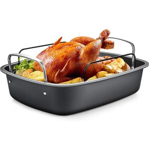 Nonstick Turkey Roasting Pan with Rack - 1713 Inch Extra Large Roaster Pan, Deep Turkey Tray for Oven, U-Shaped Rack, Wider Handles, Ideal for Ovens, Thanksgiving, and Christmas