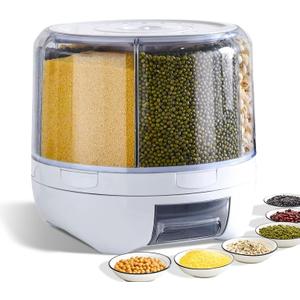 Grain Dispenser, 360° Rotating Storage Container, 6 Grid Food Dispenser with Storage Sealed Lid, Rice Dispenser for Grains, Beans, Rice, Peanut, Barley, M-WHITE
