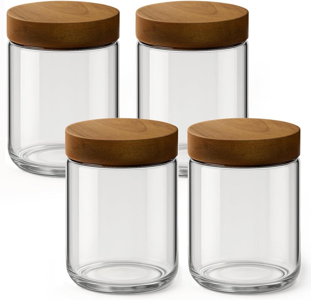 Osfel 16oz 4 Pack Overnight Oats Containers with Lids, Glass Mason Jars with Acacia Wood Airtight Lids, Wide Mouth Meal Prep Storage Jars for Yogurt, Chia Pudding, Salad, Parfait, Snacks, Spice