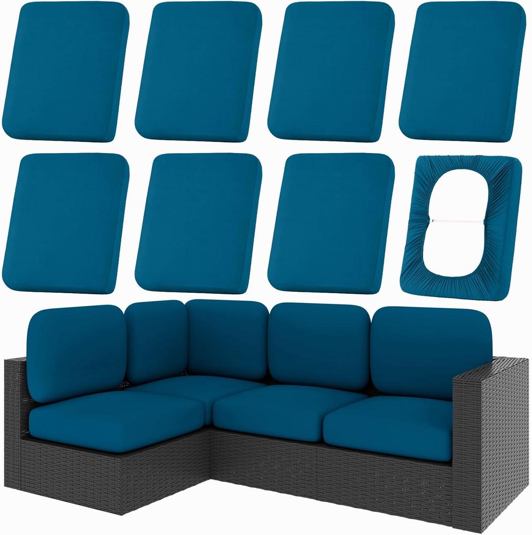 Hyha 8Pcs Patio Cushion Covers, Stretch Outdoor Couch Cushion Covers, Washable Outdoor Chair/Sofa Slipcovers for Patio Furniture Cushions Protector with Elastic Bottom(Peacock Blue,Cover Only)