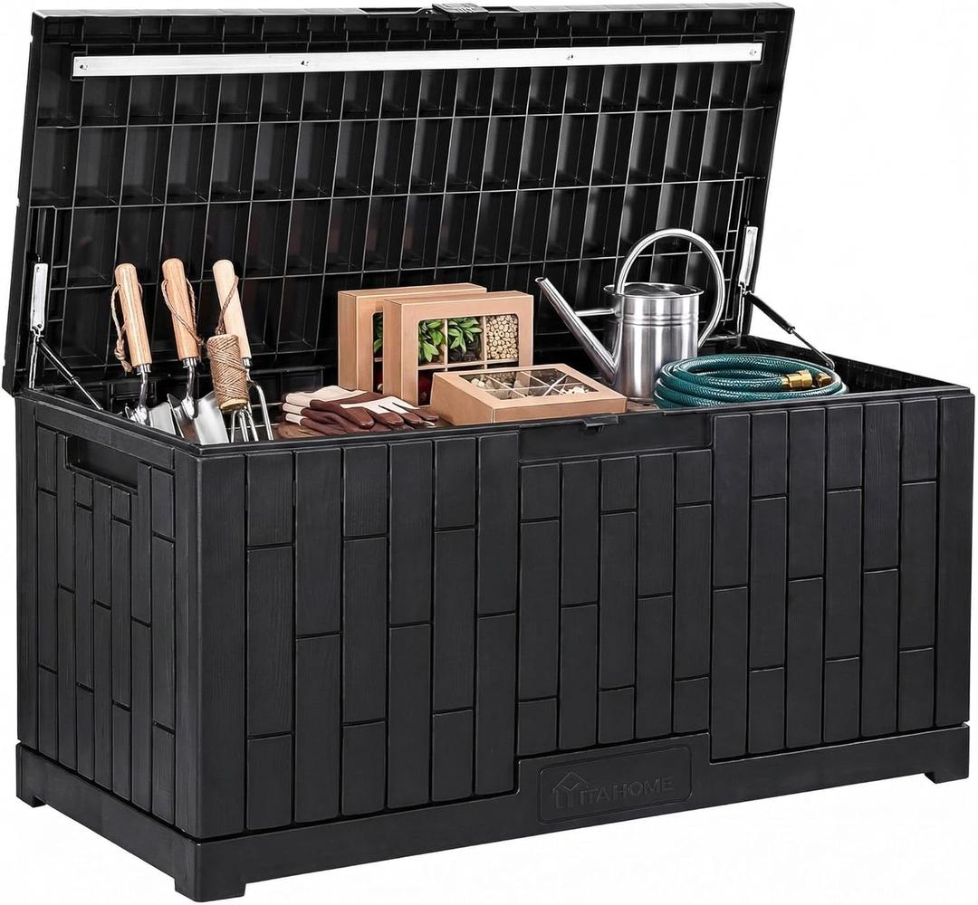 YITAHOME Large Deck Box 120 Gallon Resin Outdoor Storage Box with Slide-Locking Lid, Patio Storage Bin and Bench Seat for Outdoor Pillows, Garden Tools and Pool Supplies, Waterproof Lockable, Black