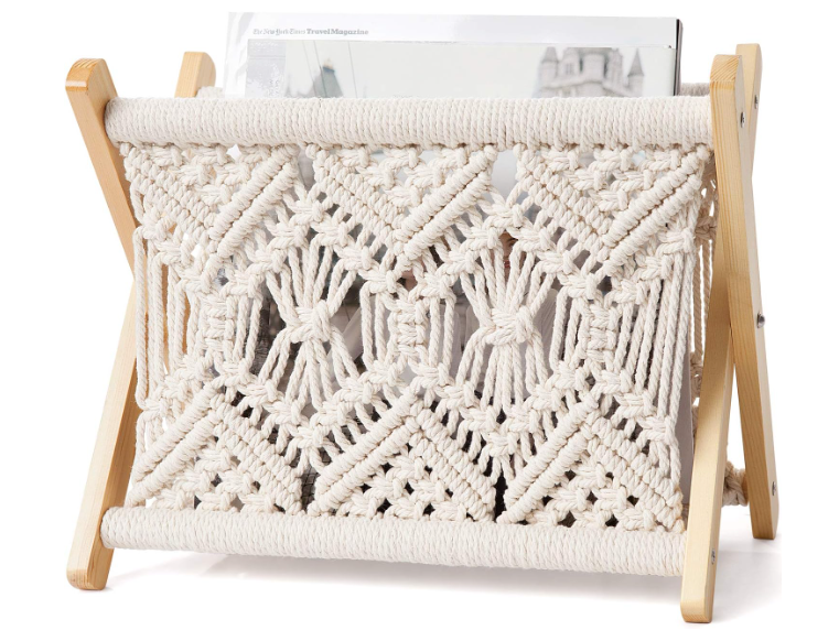 Mkono Macrame Magazine Rack Boho Storage Holder Standing Basket for Books, Newspapers, Swaddle Blanket, Dorm Essentials, Living Room, Bathroom, Office, Nursery, Home Decor, Small Size, 11.2”L x 7.5”W