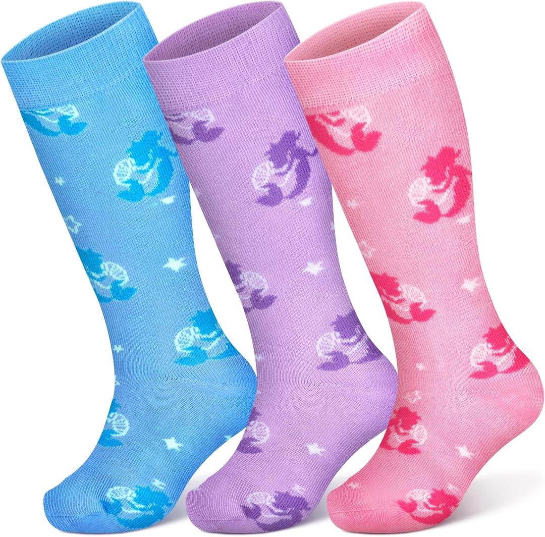 Kids Soccer Socks 3 Pairs Toddler Knee High Soccer Socks Baseball Sock for Girls (Mermaid)