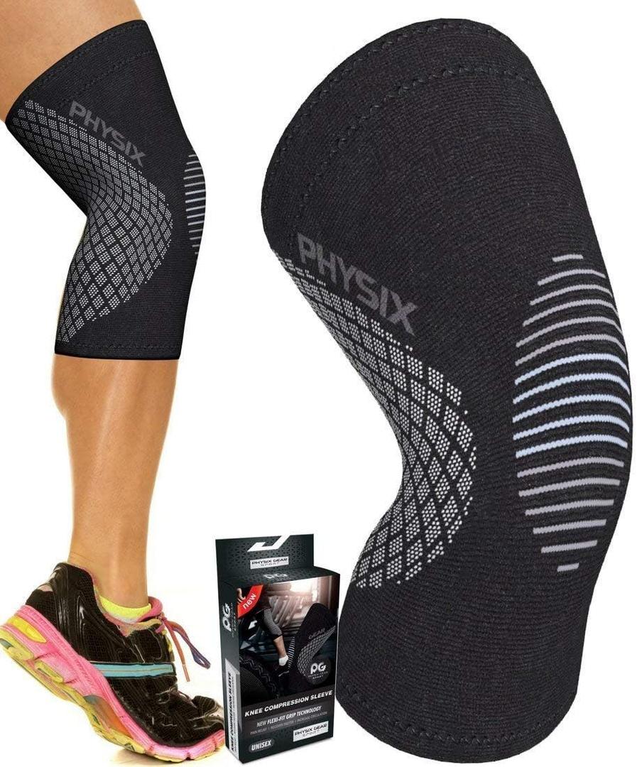 Physix Gear Knee Compression Sleeve for Men & Women - Best Compression Knee Brace for Walking, Running, Gym, Basketball, Weightlifting,Workout, Sports - Knee sleeves Support Compression & Stability (Black/Grey)