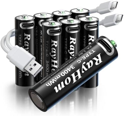 RayHom USB Rechargeable AA Lithium Batteries - 4 Pack Double A Li-ion Batteries, 1.5V 3400 mWh, Charges 1.5 Hours, with 2 USB-C 2-in-1 Charging Cable, Over 1000+ Cycles