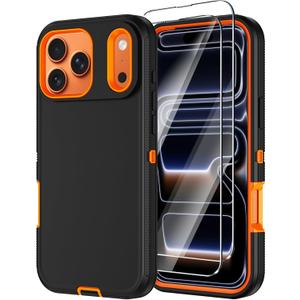 Annymall for iPhone 17 Pro Case with Screen Protector, Heavy Duty 3-Layer Drop Protection DustProof, Military Grade Shock-Absorbing Rugged Bumper Phone Cases Cover for Apple 17 Pro 6.3" (Black/Orange)