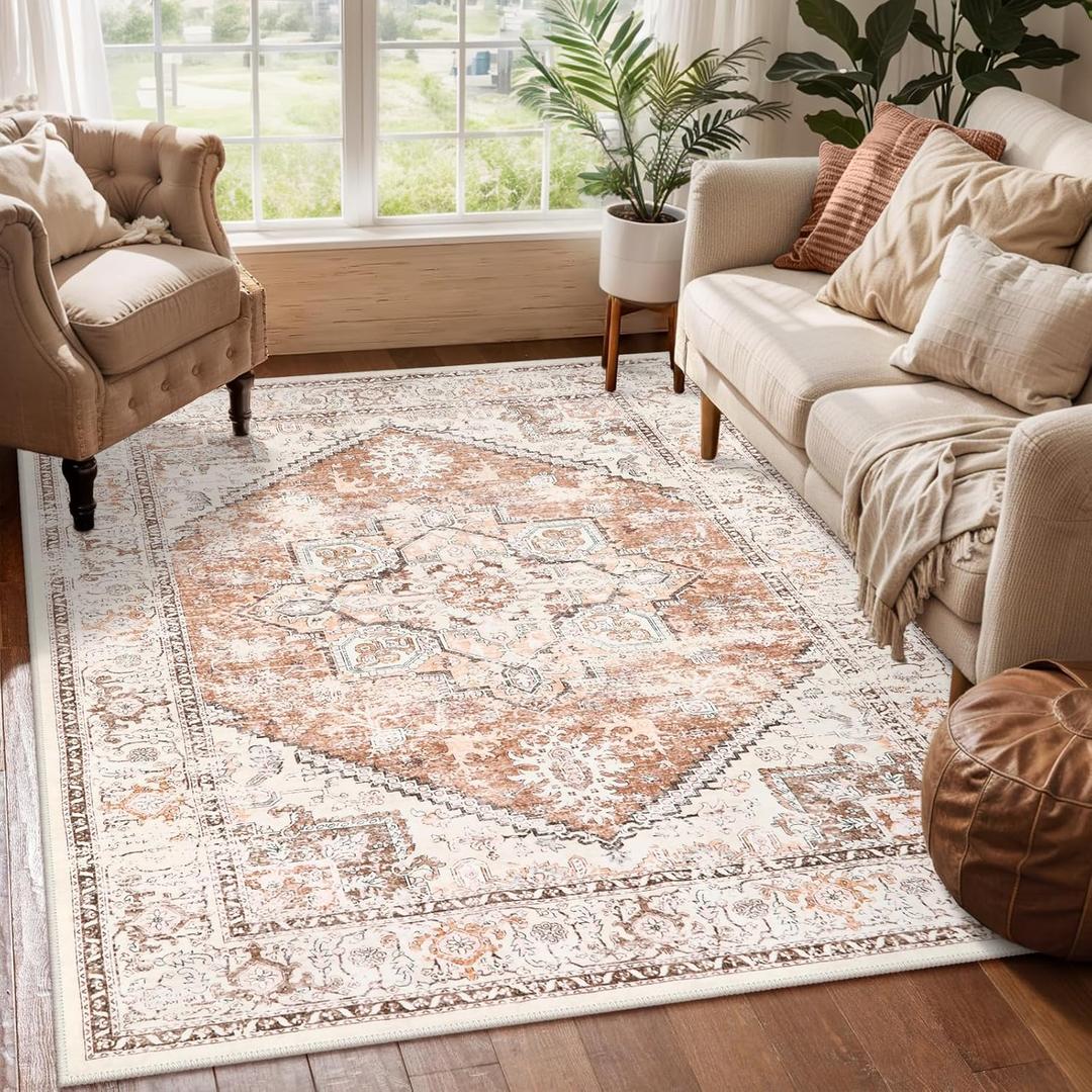 LIVEBOX 5x7 Area Rugs for Living Room, Washable Nursery Orange Boho Rug Soft Non-Slip, Low-Pile Vintage Medallion, Retro Faux Wool for Dining Room, Bedroom, Office