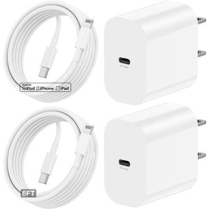 20W Rapid USB C Wall Super Fast Chargers Block Power Plug with 6Ft Type C to Lightning Cable, (MFi Certified) Lightning Charging Cord for iPhone 14 13 12 11 Pro Max Plus Air Mini iPad -Albedo 2Pack