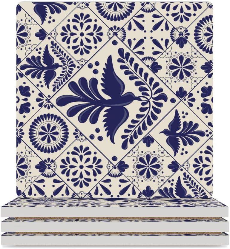Mexican Talavera Style Tiles with Birds Square Ceramic Coaster with Cork Base Heat-Resistant Absorption Reusable Drink Coasters for Any Cups Housewarming Gifts for Friend 4 PCS