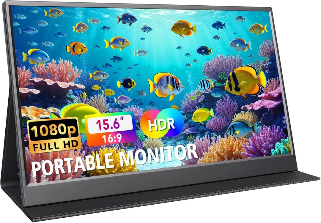 15.6 Inch Portable Monitor 1080P FHD IPS Gaming Display Monitor with USB-C & HDMI Light Weight Ultra-Slim External Second Screen with Smart Cover & Speakers for LaptopPC, Mac, Phone, PS5, Switch