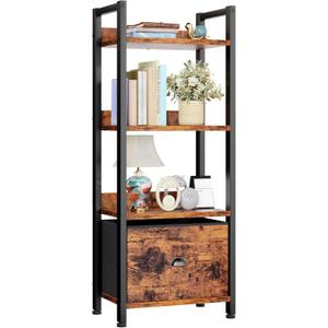 Furologee 4 Tier Bookshelf with Drawer, Tall Bookcase with Shelves, Narrow Bookshelves Storage Organizer, Wood and Metal Display Standing Shelf Unit for Bedroom, Living Room, Rustic Brown