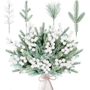 Sggvecsy 60 Pcs Artificial Snowy Pine Branches Fake Frosted Greenery Pine Picks Artificial White Berry Stems Christmas Needles for DIY Christmas Garland Wreath Xmas Flower Arrangements Decoration