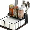 Napkin Holder for Table, 3-in-1 Wood & Metal Utensil Caddy, Cutlery Organizer & Spice Rack for Kitchen Counter, Dining, Outdoor Patio (Black)