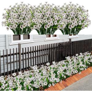 21 Bundles Artificial Outdoor UV Resistant Flowers No Fade Fake Outside Flowers Plastic Greenery Faux Shrubs Garden Porch Window Box Home Decoration (White)