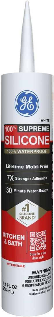 GE Supreme Silicone Caulk for Kitchen & Bathroom, White, 10 fl oz Cartridge, 1 Pack - 100% Waterproof Silicone Sealant, 7X Stronger Adhesion, Shrink & Crack Proof