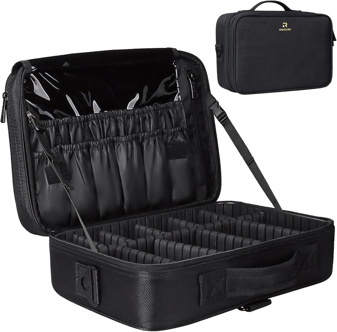 Relavel Travel Makeup Train Case Makeup Cosmetic Case Organizer Portable Artist Storage Bag with Adjustable Dividers for Cosmetics Makeup Brushes Toiletry (medium black)