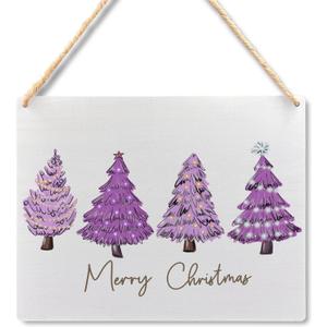 Ryeolo Merry Christmas Wooden Hanging Sign - Purple Christmas Tree Decor, Front Door Sign, Indoor Wall Hanging for Home, 10.2x7.8 Inches