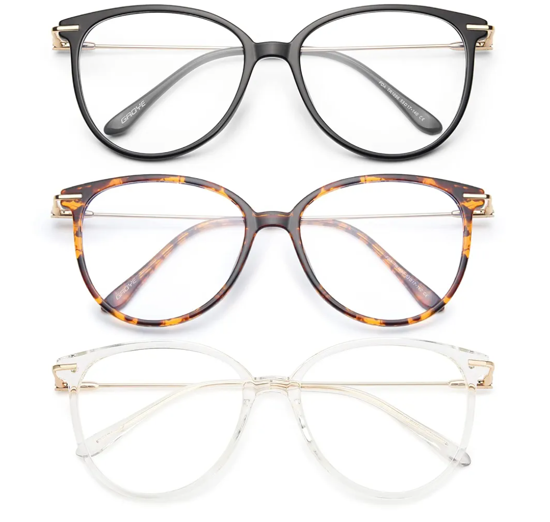 Gaoye Blue Light Blocking Glasses Women/Men, Fashion Cat Eye Fake Eyeglasses UV Ray Filter Computer Gaming Glasses (3 Pack, Black+Tea Leopard+Transparent)