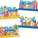 4pcs Pool Party Decorations Wood Table Centerpieces,Hello Summer Splish Splash Party Table Decorations Hawaii Tropic Style Wooden Tabletop Decor for Summer Holiday