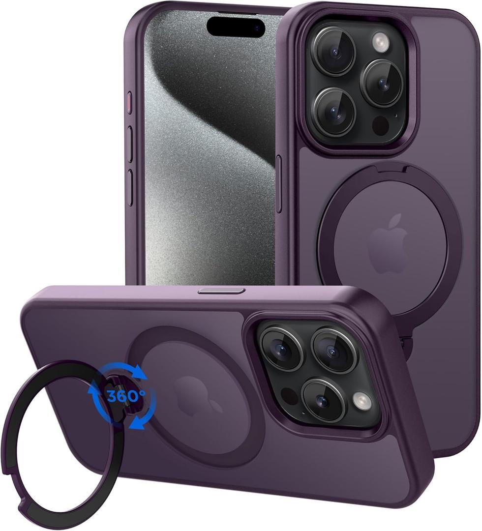 CACOE Magnetic Case for iPhone 15 Pro 6.1 inch with 360 Rotatable Ring Stand,Compatible with MagSafe Car Phone Mount,Cover Phone Holder for Desk Meeting Dark Purple