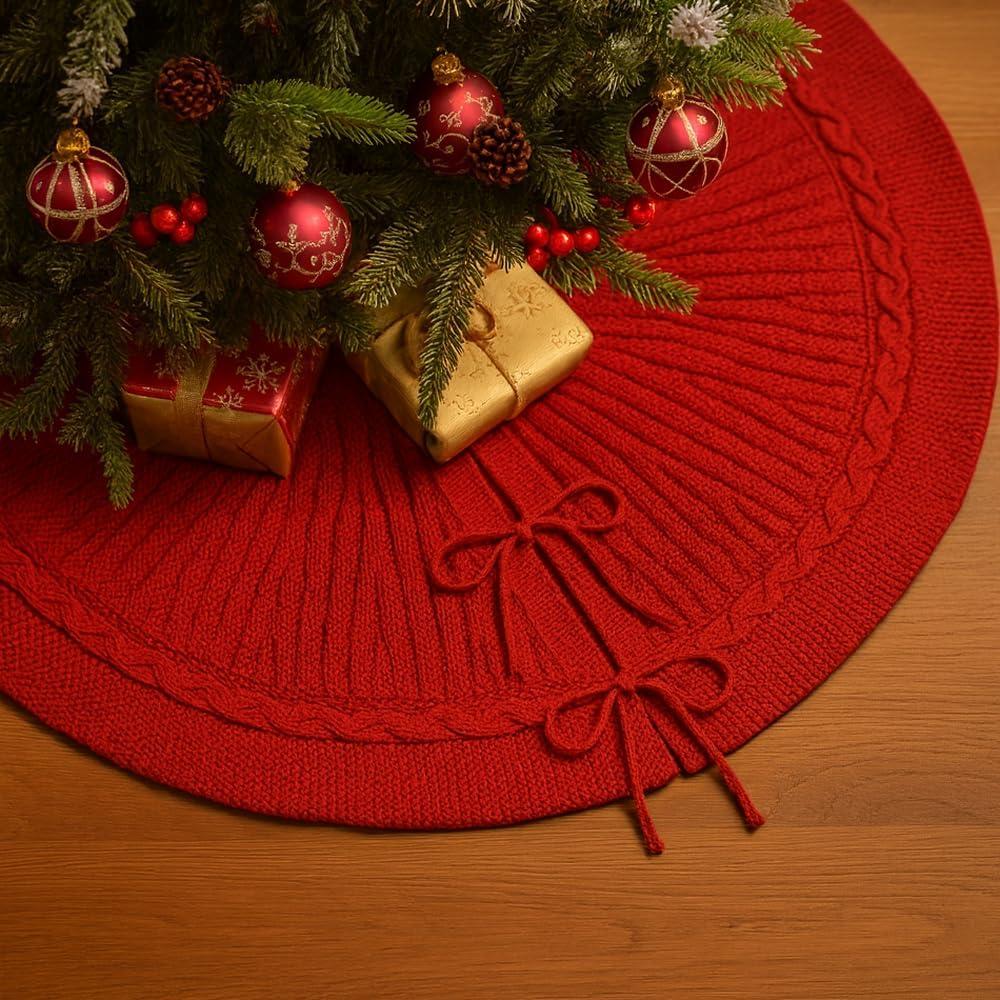 30 Inch Red Knitted Small Christmas Tree Skirt, Chunky Cable Knit with Braided Border, Perfect for Xmas Holiday Decorations