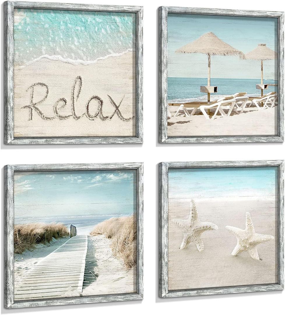 Ocean Framed Wood Wall Art: Beach Picture Seascape Artwork Coastal Prints Starfish Boardwalk Art Collection Wall Decor Set of 4 for Bathroom (12" x 12")