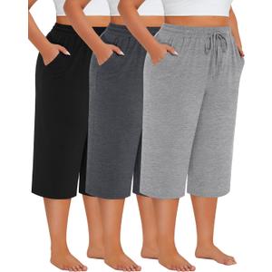 Neer 3 Pack Women's Plus Size Cotton Capris, Stretchy Wide Leg Cropped Pants with Pockets Fit Loose Lounge Pajama Sweatpants (X-Large, Black, Light Mix Gray, Dark Mix Gray)