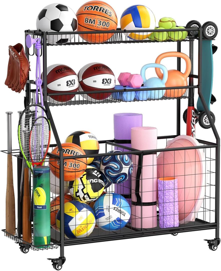 WUC Sports Equipment Organizer - Garage Ball Storage Rack with Basket, Hooks and Rolling Cart for Toy Sports Gear Storage, Black