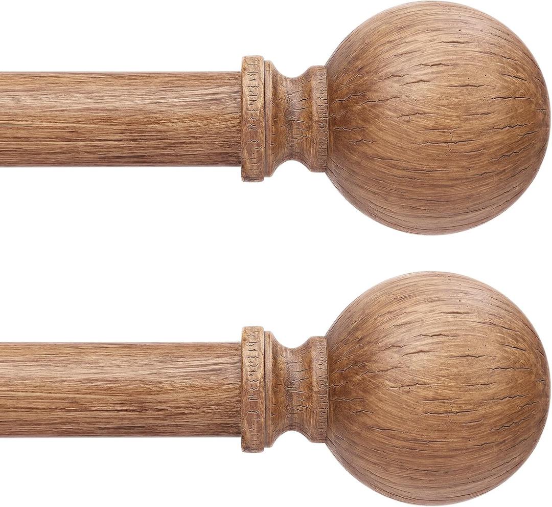 2 Pack Wood Curtain Rod 36-91 Inch, Decorative 1 Inch Heavy Duty Curtain Rods for Windows with Vintage Faux Wood Grain Finials, Adjustable Rustic Farmhouse Bedroom Boho Metal Drapery Pole