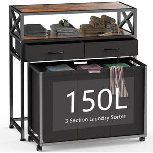 Laundry Hamper 3 Section, 150L Rolling Laundry Sorter Basket with 2 Shelves and 2 Drawers, 3 Compartment Clothes Organizer Cart with Wheels, Pull-Out Bags for Laundry Room, Bathroom, Bedroom (Black)