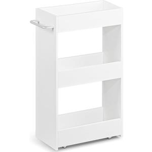 MARTY Wood Rolling Storage Cart 7.9" W, 3 Tier White Slim Utility Kitchen Cart on Wheels Laundry Room Bathroom Organizers Narrow Shelves with Handle Mobile Shelving Unit for Small Places