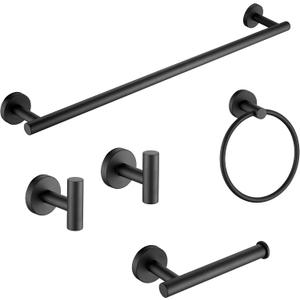 GGStudy Wall Mounted 5-Pieces Matte Black Bathroom Hardware Accessories Set, SUS304 Stainless Steel Bath Towel Bar Set, Round Towel Racks for Bathroom (Brushed Nickel)