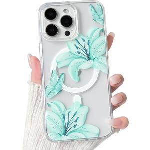 NITITOP Compatible with iPhone 16 Pro Case Clear Magnetic Compatible with MagSafe Cute Lily Flowers Floral for Women Girls Hard PC Back Shockproof Protective Phone Cover - Green