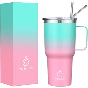yoelike 32OZ Tumbler With Handle, Stainless Steel Vacuum Insulated Coffee Mug Cup for Travel, Home, Office, Indoor and Outdoor, Dishwasher Safe - Keep Cold 24hrs And Hot 12hrs(Bubble Gum)