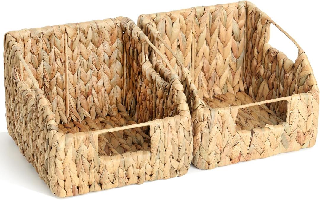 2-Pack Wicker Basket Set - Water Hyacinth Pantry Organizers and Storage w/Handles, For Home, Bedroom, Kitchen, & More - 100% Earth Friendly Woven Rattan, Simple Open Shape Decorative Baskets