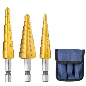 3PCS Step Drill Bit Set, HSS Titanium Step Drill Bits for Metal, 28 Sizes Stepper Up Bits with Portable Bag